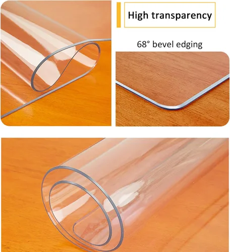 Vista 5 de Protector de mesa de vidrio suave de PVC, protector de mantel transparente con bordes de 68°, placa de cristal de plástico transparente