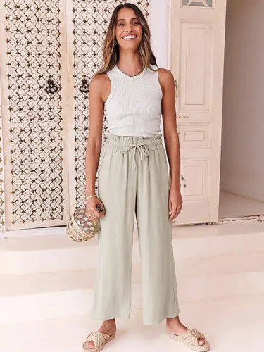 Vista 9 de ANRABESS Pantalones de lino para mujer, estilo casual, holgados, cintura alta, cordón de pierna ancha, pantalones capri palazzo con bolsillos