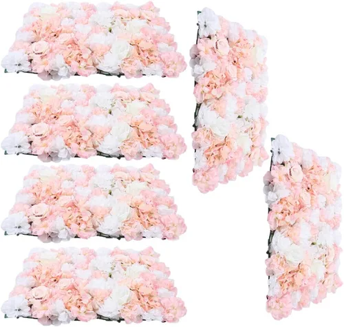 Vista 12 de 5 piezas de flores artificiales para pared, rosas de seda colgantes, juego de paneles de pared de flores, pared romántica de flores champán para 10