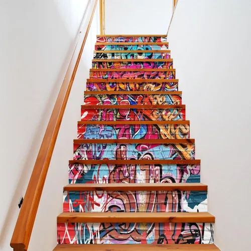 Vista 7 de Calcomanías modernas de grafiti en acuarela, calcomanías para escaleras para escaleras, abstracto, hip hop, ciudad, calle, pared, colorido, grafiti