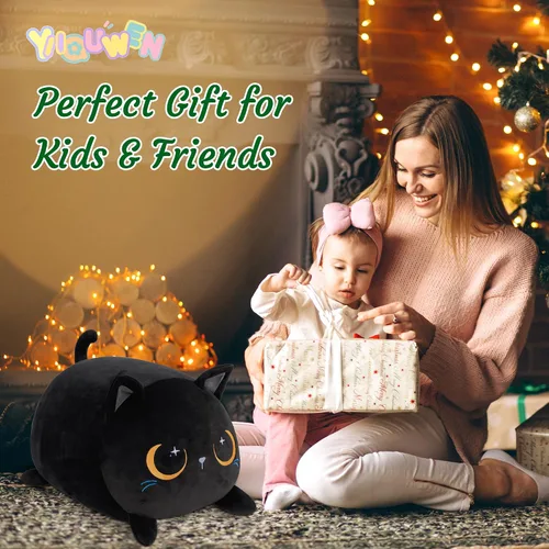Vista 6 de Gato Negro de Peluche Lindo Gato de Peluche Suave con 4 Almohadas Navideñas, de Acción de Gracias, Cumpleaños para Niñas, Niños, Niños Decoración