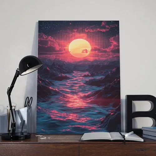 Vista 8 de Retro Futuristic Vaporwave Wall Art – Neon Synthwave Poster for Bedroom Or Studio Decor Modern Wall Prints Abstract Geometric Minimalist Art Framed