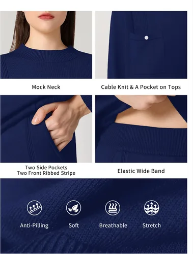 Vista 5 de SuperPrity Conjunto de suéter de manga larga para mujer, 2 piezas, cuello alto, suéter de punto trenzado, suéter de pierna ancha con bolsillos