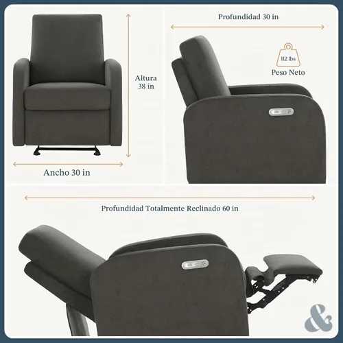 Vista 3 de Nurture& El sillón reclinable Porto Power Glider para guardería Carbón