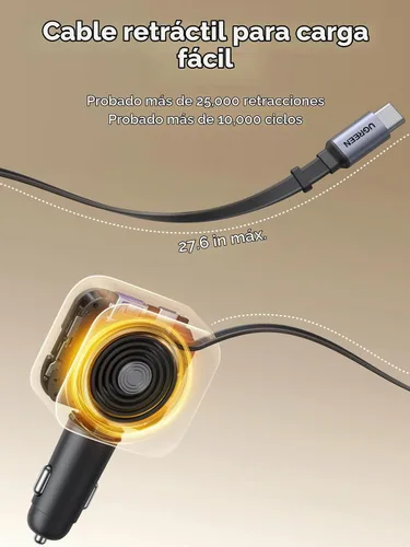Vista 5 de UGREEN Cargador de coche 2C1A de 60 W con cable retráctil, cargador rápido de 3 puertos con 30 W PD USB-C, USB-A, adaptador de encendedor