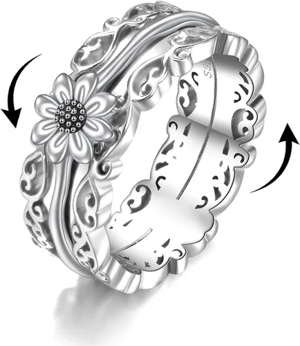 Vista 24 de VONALA Anillos giratorios de plata esterlina 925 con diseño de filigrana y girasol, cruz, piedra lunar, ágata musgo, anillos giratorios