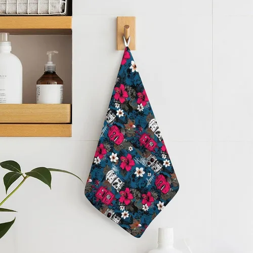 Vista 6 de Tropical Retro Robots Print Hand Towels for Bathroom Kitchen, Cute Hanging Kitchen Towels with Hanging Loop, Decorative Absorbent Coral Bath Hand