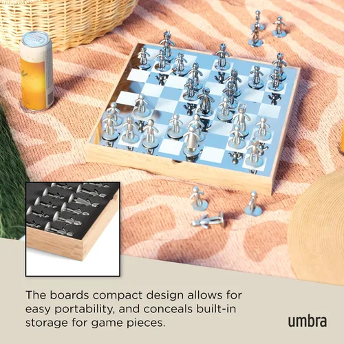 Vista 4 de Umbra Buddy - Juego de ajedrez para niños y adultos, moderno juego de tablero de ajedrez original, hecho de metal con acabado de níquel y titanio