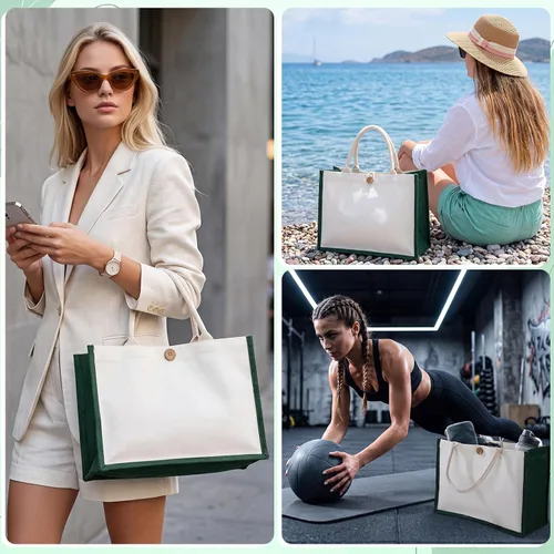Vista 6 de 12 bolsas de yute de arpillera, bolsas de playa con asas, reutilizables, impermeables, bolsa de compras en blanco, bolsa de regalo de lona