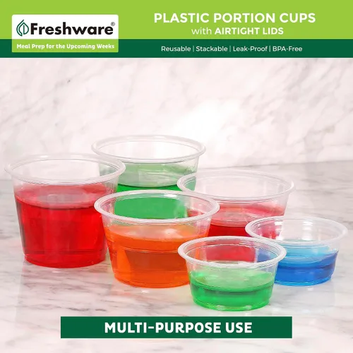 Vista 5 de Freshware Vasos de Plástico para Porciones con Tapas [1 Onza, 100 Juegos] Vasos de Plástico Desechables para Preparación de Comidas, Aderezo