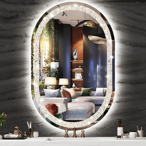 Vista 8 de Espejo de tocador ovalado de cristal con luces de 16 x 24 pulgadas, espejo iluminado ovalado de cristal para pared de baño, montaje 24 x 16 pulgadas