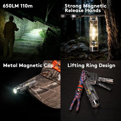 Vista 5 de RovyVon 4ª linterna Aurora A8 USB-C EDC, 90 CRI 5000K, luz de llavero recargable máxima de 420 lúmenes, encendido momentáneo, modo de bloqueo
