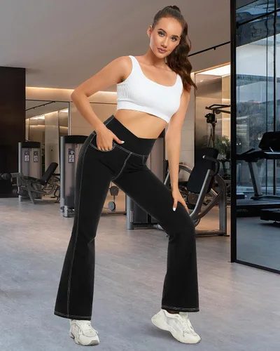 Vista 4 de G4Free Pantalones de yoga con bolsillos para mujer, leggings acampanados de 29, 31, 33 pulgadas, cintura cruzada, capri