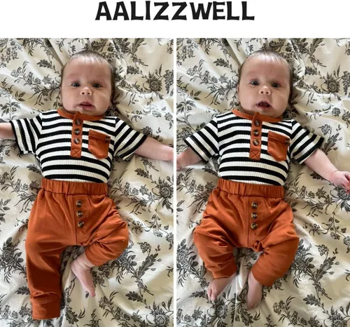 Vista 2 de Aalizzwell Traje de verano a rayas para bebés recién nacidos