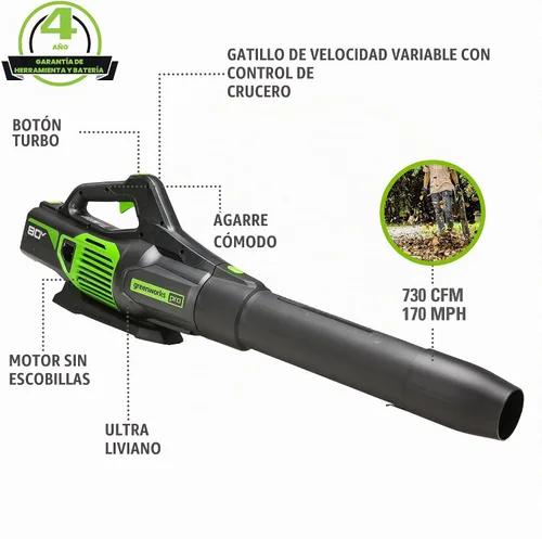 Vista 2 de Greenworks - Soplador eléctrico de hojas de 80 V, 730 CFM, solo herramienta