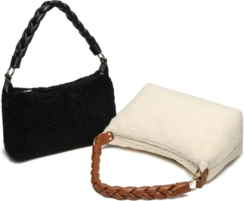 Vista 8 de Like Dreams Bolso de mano suave de sherpa con asa superior de piel vegana para mujer, niña, adolescente, moda de invierno