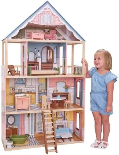 Vista 2 de KidKraft Charlotte Classic - Casa de muñecas de madera con 15 accesorios, para muñecas de 12 pulgadas