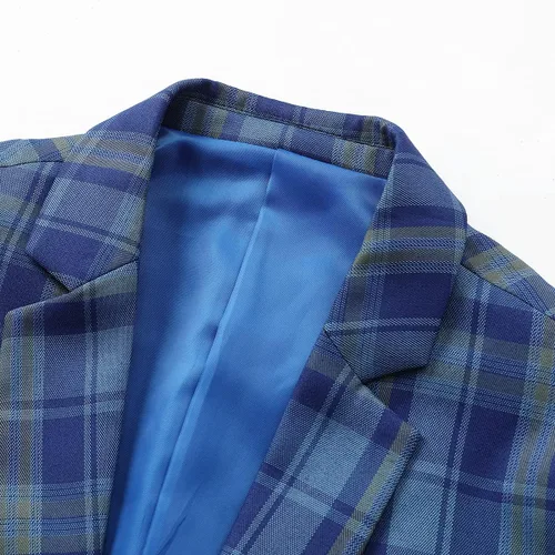 Vista 4 de YFFUSHI Chaqueta de 1 botón para hombre, a cuadros, ajuste entallado, informal, a medida
