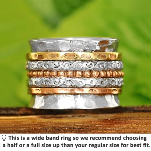 Vista 2 de Boho-Magic Anillo giratorio para mujer, plata de ley 925 con bandas de cobre y latón anchas, Metal