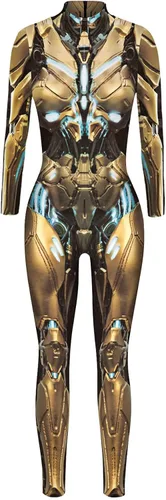 Vista 3 de Foksikely Women's 3D Mechanical Robot Skeleton Print Halloween Jumpsuit Romper Cosplay Costume