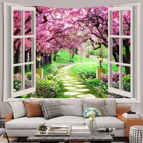 Vista 6 de Tapiz japonés de flores de cerezo para ventana, camino de bosque de árboles, flores rosas, botánico, floral, paisaje natural, estético para sala
