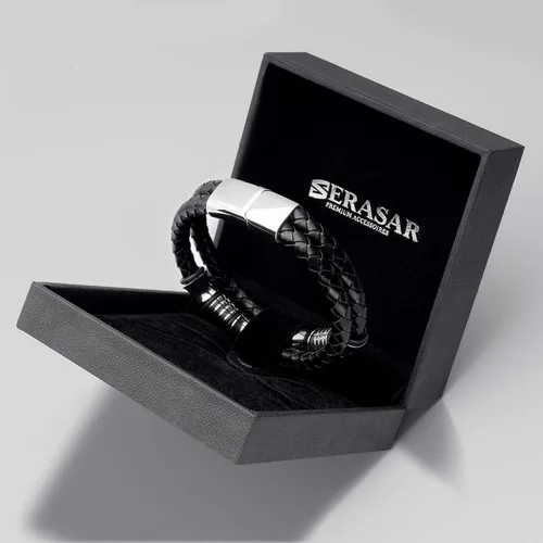 Vista 6 de SERASAR Premium Leather Bracelet Men Stainless Steel Magnetic Clasp Three Colors Jewelry Box Included