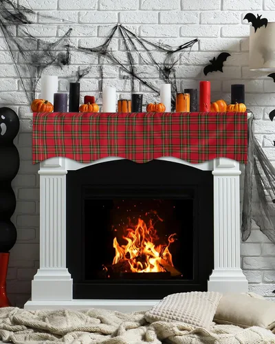 Vista 3 de Bufanda de Navidad a cuadros para chimenea, cubierta de bufanda para chimenea, estante superior, bufanda de corredor, rojo y verde, para invierno