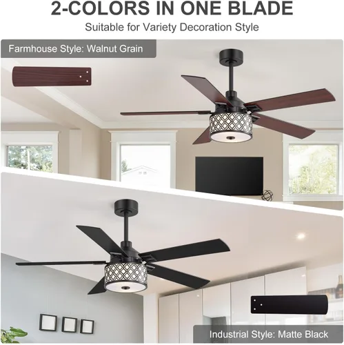 Vista 2 de 52" Farmhouse Ceiling Fans with Lights and Remote, 6-Speed Reversible DC Motor, Double-Sided 5 Blades, Timer, Indoor Ceiling Fan with Caged