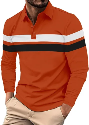 Vista 16 de Camisa polo para hombre, manga larga, cuello abotonado, bloque de color, moda para trabajo y golf