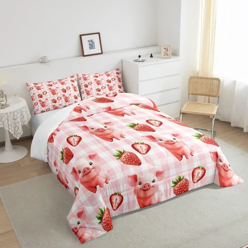 Vista 5 de Manfei Juego de edredón para niños de fresa roja, tamaño individual, juego de ropa de cama de cerdo acuarela de 2 piezas para niños, niñas