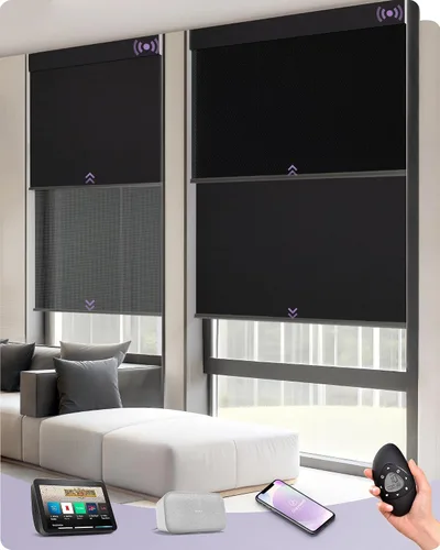 Vista 18 de Graywind Persianas dobles motorizadas para ventanas, persianas dobles inteligentes opacas y filtrantes de luz, persianas motorizadas con control