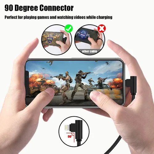 Vista 5 de Cargador para iPhone de 3 pies con certificación MFi, paquete de 3 cables Lightning trenzados de nailon de 90 grados, cable de carga en ángulo recto