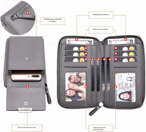 Vista 4 de KUKOO Small Crossbody Bag Cell Phone Purse Wallet with Credit Card Slots for Women A- Versión mejorada con cremallera gris