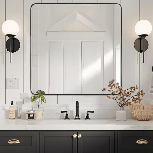Vista 7 de ANDY STAR Espejo de pared cuadrado para baño, espejo de baño negro mate de 24 x 24 pulgadas, espejo de metal de esquina redondeada en marco de acero