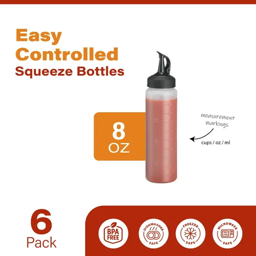 Vista 2 de Paquete de 6 botellas exprimibles para condimentos, botellas de chorro de 8 onzas con tapa a prueba de fugas, botellas de salsa fáciles de verter