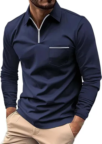 Vista 6 de Polo con cremallera de un cuarto para hombre, manga larga, ajustada, elástica, cuello para golf, oficina y trabajo