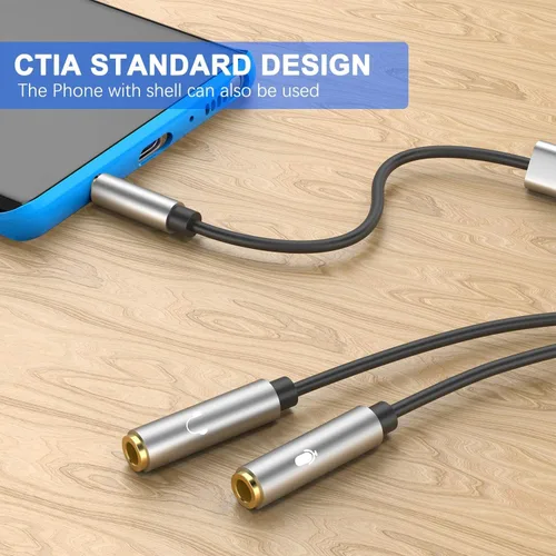 Vista 4 de Divisor de auriculares TRRS Adaptador de auriculares y cable divisor estéreo macho a 2 hembras separados micrófono y audio compatible con PS4 Xbox
