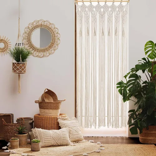 Vista 2 de Cortina bohemia de macramé hecha a mano con borlas, gran macramé para colgar en la pared, divisor de habitación para sala de estar, dormitorio