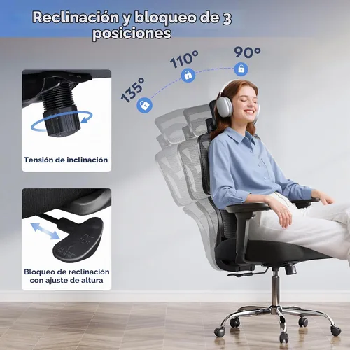 Vista 6 de DEVAISE Silla de oficina grande y alta, silla de escritorio ergonómica reclinable para largas horas, cómoda malla transpirable, reposabrazos Negro