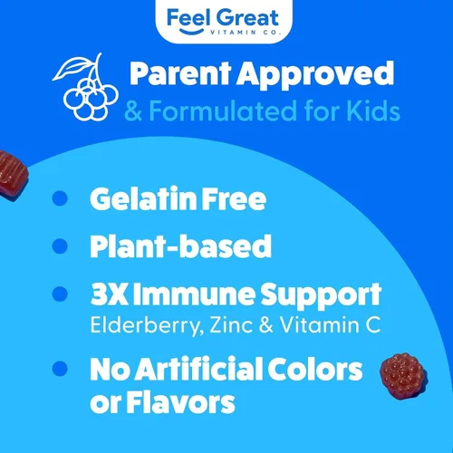 Vista 4 de Feel Great Kids - Gomitas de saúco con zinc y vitamina C Apoyo inmunológico Sambucus Saúco Multivitaminas veganas para niños con sabor a bayas