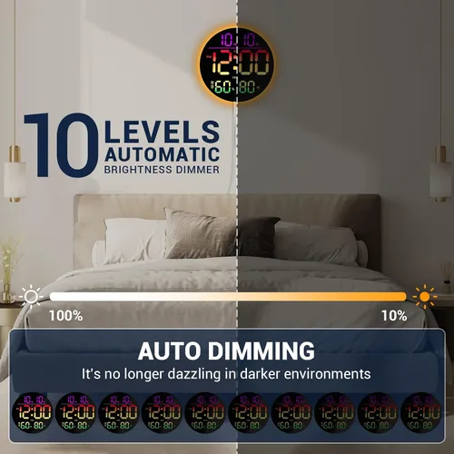 Vista 6 de Reloj de pared digital grande de 10 pulgadas: 13 RGB que cambia de color LED moderno reloj con control remoto, pantalla grande con atenuación