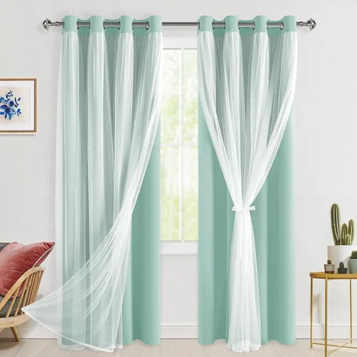 Vista 121 de Hiasan Cortinas opacas con superposición transparente, aislamiento térmico para mezclar y combinar de doble capa, cortinas de oscurecimiento de Beige