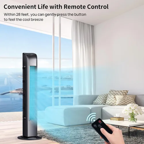 Vista 2 de Uthfy Ventilador de torre oscilante para dormitorio, ventilador de pie portátil con control remoto, 3 modos, 3 velocidades, temporizador de 7.5