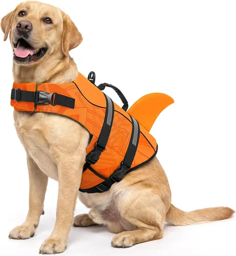 Vista 41 de Queenmore Chaleco Salvavidas para Perros Tiburón, Chaleco de Natación de Alta Flotabilidad, Chalecos Salvavidas para Perros Ajustables y Fáciles