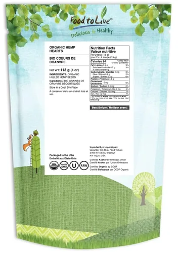 Vista 2 de Semillas de cáñamo canadiense orgánicas, 4 onzas, corazones crudos, sin OMG, Kosher, veganas, a granel