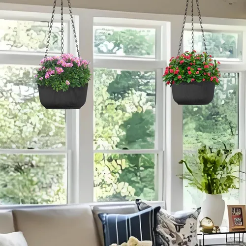 Vista 5 de Juego de 2 macetas colgantes para plantas de interior y exterior, macetas colgantes de riego automático de 8 pulgadas con platillo interno, orificio