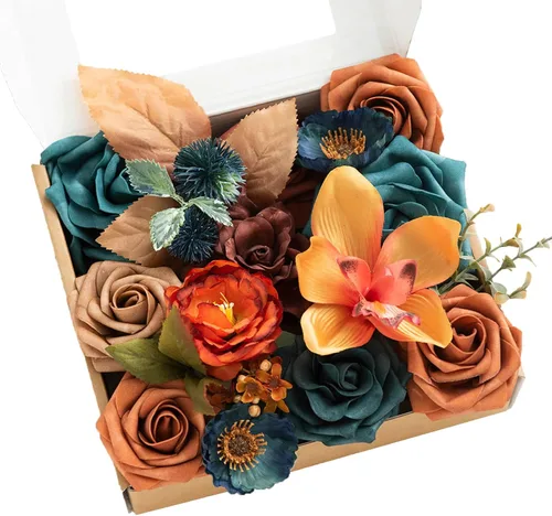 Vista 15 de Ling's moment Caja de flores falsas, tallos de vegetación artificiales artificiales, rosas de espuma, dalia, gardenia, tulipán, flor fábica de seda