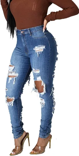 Vista 5 de Women's Skinny Ripped Jeans Stretch Destroyed Mid High Waist Denim Pants