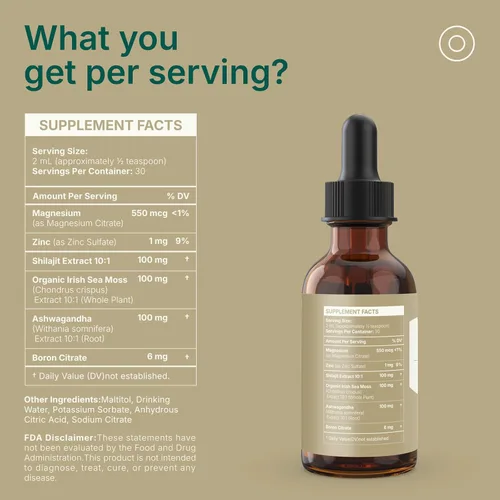 Vista 5 de Gotas líquidas Shilajit con musgo marino, ashwagandha, zinc y magnesio - Suplemento multimineral líquido para mujeres y hombres - Terra Mineral