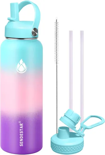 Vista 10 de SENDESTAR Botella de agua aislada de 24 onzas, boca ancha, botella de agua de 24 onzas con tapa con popote, tapa de boquilla, acero inoxidable